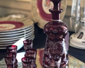 Ruby glass decanter and glasses