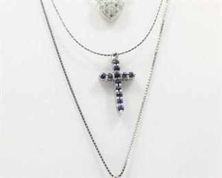 Two 14K Gold Crosses with Sapphires and a Heart Necklace with Sapphires and Semi-precious stones