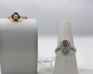 14K Gold Rings one with Pearl and one with Garnet and Diamonds