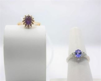14K yellow gold ring with garnet and 14K white gold ring with diamonds
