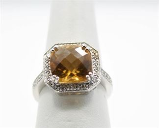 14K White Gold Ring with Citrine and Diamonds