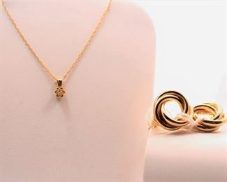 14K Gold Chain and Diamond Chip Pendant and 10K Gold Earrings