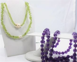 Two Peridot and Pearl Necklaces and One Amethyst Necklace