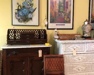 Wicker chest and marble top chest