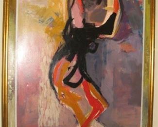 65. Painting, oil on canvas Artist: Michele Salemi (Italian, 1942-2013) Title: Pulcinella Signature: Signed by the artist lower center area Measurements: 84 x 54 in. FAIR MARKET VALUE, including frame $1,400