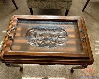 Antique Hand Carved Coffee Table with Glass Topped Serving Tray