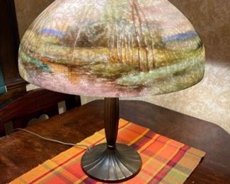 HANDEL TABLE LAMP - Reverse Painted Scenic Shade #6754 - Signed Base and Shade - EXCELLENT Original Condition - One Family