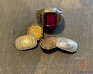 Antique Custom GOLD Ruby Ring and GOLD Cufflinks
