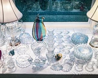 Table full of 1930's Fostoria American & antique crystal stem ware on its way from Natchez!