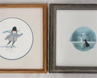 1046	LOT OF TWO SIGNED LIMITED EDITION P. BUCKLEY MOSS PRINTS; ONE DEPICTS AN ICE SKATING COUPLE & IS NO. 870/1000 THE OTHER DEPICTS AN ICE SKATING BOY & IS NO. 368/1000 & IS DATED MAY 18 1986. BOTH ARE 11 IN SQ INCLUDING FRAMES. 
