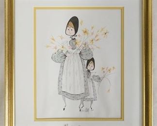 1047	SIGNED P. BUCKLEY MOSS LIMITED EDITION FRAMED PRINT OF A WOMAN & CHILD HOLDING FLOWERS NO. 702/1000. BOTH THE PRINT & THE GLASS ARE SIGNED. THE PRINT IS DATED 1983 THE SIGNATURE ON THE GLASS IS DATED 1986. 12 1/2 IN X 14 1/4 IN INCLUDING FRAME. 
