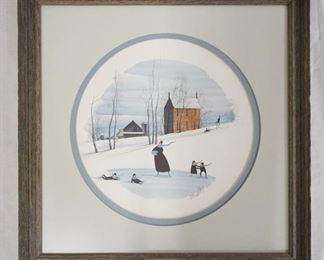 1048	SIGNED P. BUCKLEY MOSS LIMITED EDITION FRAMED PRINT OF A WINTER SCENE W/ ICE SKATERS IN THE FOREGROUND. NO. 775/1000 DATED 1983.  15 IN SQ INCLUDING FRAME. 
