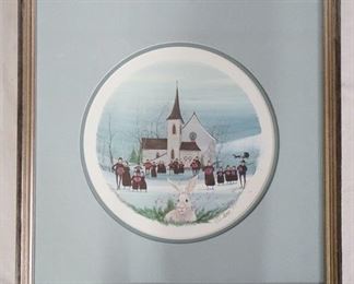 1050	SIGNED P. BUCKLEY MOSS LIMITED EDITION FRAMED PRINT OF CHRISTMAS CAROLERS W/ A RABBIT IN THE FOREGROUND. NO 3569/8128 DATED 1988. 15 3/4 IN SQ INCLUDING FRAME 
