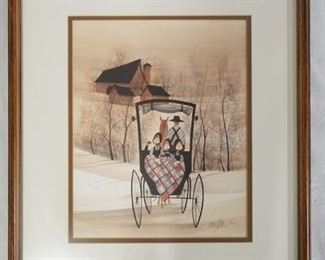 1052	SIGNED P. BUCKLEY MOSS LIMITED EDITION FRAMED PRINT OF A FAMILY IN A HORSE DRAWN CARRIAGE. NO. 849/1000 DATED 1990. 16 3/4 IN X 19 IN INCLUDING FRAME. 
