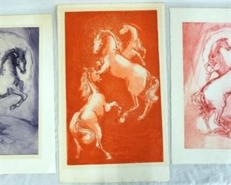 1062	LOT OF THREE SIGNED PAT GREENWALD ARTIST PROOFS DEPICTING HORSES. TWO ARE TITLED *CENTER RING* ONE IS TITLED *TRIO*. ALL ARE SIGNED LOWER RIGHT. LARGEST IS 16 1/2 IN X 27 3/4 IN. 


