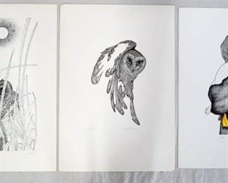1073	LOT OF THREE SIGNED MURRAY BLOOM LIMITED EDITION PRINTS, ONE DEPICTING AN OWL LOOKING OVER ITS SHOULDER NO. 51/600, ANOTHER ONE DEPICTING AN OWL IN GRASS NO. 63/600 & ONE DEPICTING A GIRL & A GOOSE NO. 3/50. LARGEST IS 13 1/2 IN X 19 1/2 IN. 
