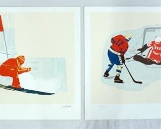 1075	LOT OF TWO XII WINTER OLYMPICS LAKE PLACID 1980 SIGNED WHEELER LIMITED EDITION PRINTS. ONE DEPICTING SKIERS IS NO. 46/500, AND PENCIL SIGNED LOWER RIGHT, THE OTHER DEPICTING ICE HOCKEY IS NO. 59/500 & IS PENCIL SIGNED LOWER RGHT. BOTH ARE 25 IN X 19 IN.
