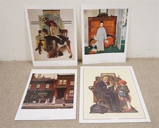 1079	LOT OF FOUR NORMAN ROCKWELL ART POSTERS. LOT INLCUDES *TIRED BUT HAPPY* *THE TRUTH ABOUT SANTA* *WALKING TO CHURCH* & *THE DOCTOR & THE DOLL* ALL ARE BY THE CURTIS PUBLISHING COMPANY.  LARGEST IS 22 IN X 28 IN. 
