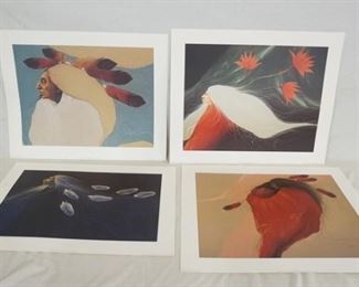 1083	LOT OF FOUR FRANK HOWELL ART POSTERS ALL ARE SPECIAL EDITION FOR WINNER'S CIRCLE GALLERY & COPYRIGHT DATED 1988. LOT INCLUDES * BLUE RIVER* *TEWA SUMMER* *SKY GARDEN* & *RED SUMMER* SOME POSTERS HAVE SOME MINOR STAINING ON BORDER. LARGEST IS 20 IN X 24 IN. 
