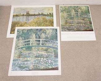 1090	LOT OF THREE CLAUDE MONET ART POSTERS. LOT INCLUDES TWO BY THE NEW YORK GRAPHIC SOCIETY; *BANKS OF THE SEINE, VETHEUIL* & *WATERLILLIES & JAPANESE BRIDGE* LOT ALSO INCLUDES A POSTER FOR *MONET'S YEARS AT GIVERNY* ART EXHIBITION IN 1978 AT THE METROPOLITAN MUSEUM OF ART. LARGEST IS 32 IN X 31 IN 
