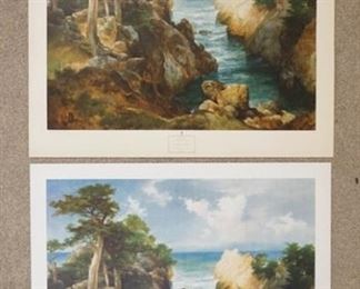 1096	LOT OF TWO THOMAS MORAN ART POSTERS BY THE NEW YORK GRAPHIC SOCIETY. BOTH ARE *MONTEREY, CALIFORNIA* & COPYRIGHT DATED 1970. LARGEST IS 34 IN X 29 3/4 IN- HAS SOME MINOR WEAR/DISCOLORATION. 
