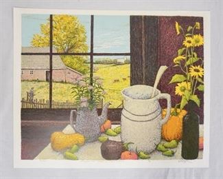 1102	SIGNED TOM BARTEK LIMITED EDITION PRINT TITLED *ANNIVERSARY TABLE-OCTOBER* NO. 96/300 PENCIL SIGNED LOWER RIGHT. 23 1/4 IN X 18 3/4 IN. 
