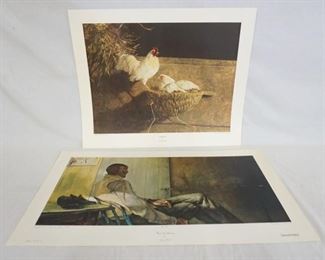 1108	LOT OF TWO WYETH ART POSTERS; *LEGHORNS* BY JAMES WYETH PRINTED BY TRINTON PRESS INC.  28 IN X 22 1/2 IN & *THAT GENTLEMAN*  BY ANDREW WYETH PRINTED BY AARON ASHLEY INC 34 IN X 19 IN. BOTH HAVE SOME MINOR WEAR AROUND THE BORDER. 
