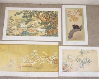 1118	LOT OF FOUR ASIAN ART POSTERS BY NEW YORK GRAPHIC SOCIETY. LOT INLCUDES; *BLACK CAT* BY SHUNSO HISHIDA COPYRIGHT DATED 1978, *PARAKEETS & HYDRANGEA* SO SHISEKI COPYRIGHT DATED 1981, *CHRYSANTHEMUMS* ANONYMOUS JAPANESE ARTIST COPYRIGHT DATED 1983-HAS A SMALL TEAR ON THE LEFT SIDE, & *EIGHT IMPERIAL HORSES* GUISEPPE CASTIGLONE (LANG SHIH-NING) COPYRIGHT DATED 1979-HAS SOME WEAR AROUND THE BORDER. LARGEST IS 38 IN X 23 IN. 
