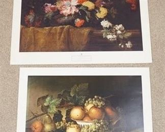 1120	LOT OF TWO ART POSTERS BY NEW YORK GRAPHIC SOCIETY; *FRUIT* BY JAMES PEALE & *FLOWER PIECE POPPIES AND MARIGOLDS* BY JEAN BAPTISTE MONNOYER. LARGEST IS 34 IN X 29 IN. 
