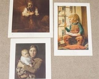 1123	LOT OF THREE ART POSTERS BY NEW YORK GRAPHIC SOCIETY. LOT INCLUDES; *MOTHER AND CHILD* BY GARI MELCHERS, *A GIRL WITH A BROOM* BY REMBRANDT HARMENSZ VAN RIJN COPYRIGHT DATED 1965. & *THE PICTURE BOOK* BY JAMES CHAPIN- HAS A TEAR & SOME STAINING ON LOWER LEFT SIDE OF BORDER. LARGEST IS 26 IN X 31 IN. 
