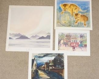1125	LOT OF FOUR ART POSTERS BY NEW YORK GRAPHIC SOCIETY. LOT INCLUDES; *PETIT CAFÉ, MONTMARTRE* BY MAURICE UTRILLO COPYRIGHT DATED 1980, *STREET IN ST. JEAN* BY MAURICE DE VLAMINCK, *FRIEND OR FOE* BY ROBERT RAVELLE COPYRIGHT DATED 1971, & *LINGERING BELOW* BY ANN TAYLOR COPYRIGHT DATED 1980-HAS SOME TEARS IN BORDER. LARGEST IS 31 1/4 IN X 32 1/4 IN. 
