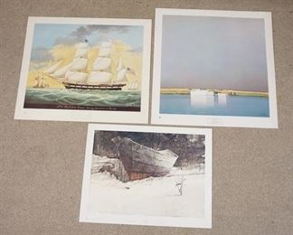 1126	LOT OF THREE ART POSTERS BY NEW YORK GRAPHIC SOCIETY OF BOATS/SHORE SCENES. LOT INCLUDES; *SEA OF SNOW* BY HUBERT SHUPTRINE, COPYRIGHT DATED 1972, *AFTER THE STORM* BY PIERRE DOUTRELEAU, COPYRIGHT DATED 1981, & *SHIP ST. MARY'S ENTERING HARBOR AT MOBILE* BY J.G EVANS COPYRIGHT DATED 1975-HAS SMALL TEAR IN BORDER. LARGEST IS 32 IN X 32 3/4 IN
