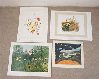 1129	LOT OF FOUR ART POSTERS BY NEW YORK GRAPHIC SOCIETY. LOT INCLUDES; *VIRGIN FOREST AT SUNSET* BY HENRI ROUSSEAU, *LANDSCAPE, THE BLUE OAK* BY ANDRE DERAIN, *AUTUMN FLORAL WITH GOLDEN CROWN KINGLET* BY CYNTHIA AUGERI COPYRIGHT DATED 1978, & *MOVING DAY FOR THE MARIGOLDS* BY HAROLD MCINTOSH COPYRIGHT DATED 1973. POSTERS ALL HAVE SOME WEAR/TEARS AROUND THE BORDERS. LARGEST IS 34 IN X 25 IN. 
