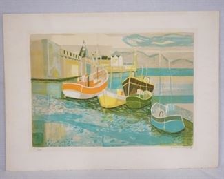 1136	SIGNED GEORGES LAMBERT LIMITED EDITION PRINT OF SAIL BOATS. NO 150/150 PENCIL SIGNED LOWER RIGHT. 29 3/4 IN X 21 1/2 IN. 
