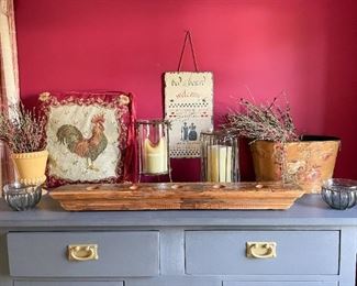 Yellow Pottery Vase, Rooster Pillow, Candle Holders, Home Decor