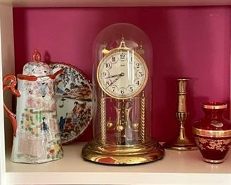 Kundo Anniversary Clock, Chinese Porcelain, Murano Ruby Glass Vase