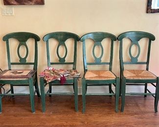 Set of 6 Green Wooden Side Chairs with Rush Seats (4 are shown here)