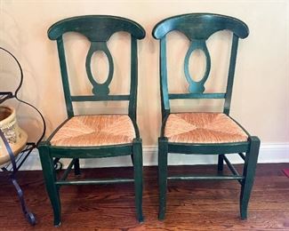 Set of 6 Green Wooden Side Chairs with Rush Seats (2 more are shown here)