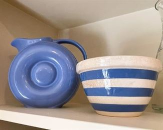 Vintage Blue Pitcher, Blue Striped Mixing Bowl