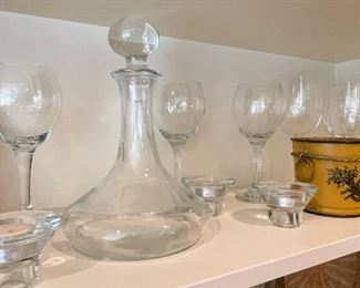 Decanter, Stemware, Votive Candle Holders