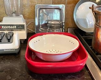 Red Baking Dish, Enamelware Colander 