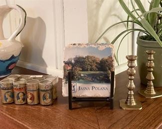 Coasters, Matches, Brass Candlesticks
