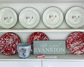 Enamelware Plates, Evanston Sign, Flower Pot