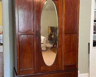 Vintage Inlaid Armoire with Oval Mirror
