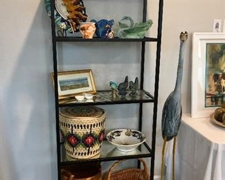 Second Metal and Glass Shelf - Decor- Baskets 
Tall Wooden Heron - Signed Ellis 