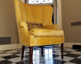 Gold velveteen upholstered chair - 46" high x 35" wide x 21" deep