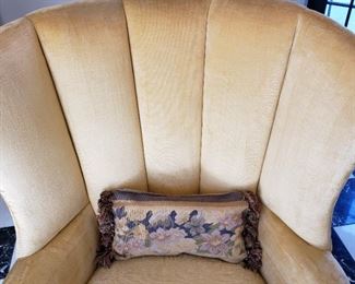 Gold velveteen upholstered chair - 46" high x 35" wide x 21" deep