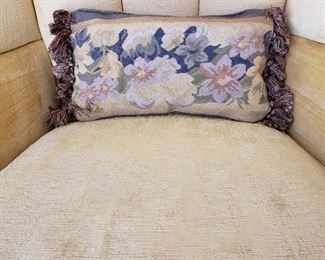 Gold velveteen upholstered chair - 46" high x 35" wide x 21" deep