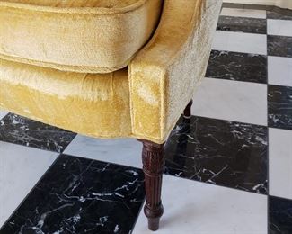 Gold velveteen upholstered chair - 46" high x 35" wide x 21" deep