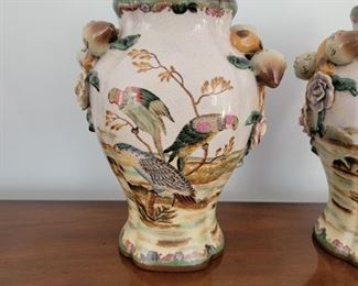 Pair of matching fruit handle vases - 14" tall x 10" wide x 8" deep